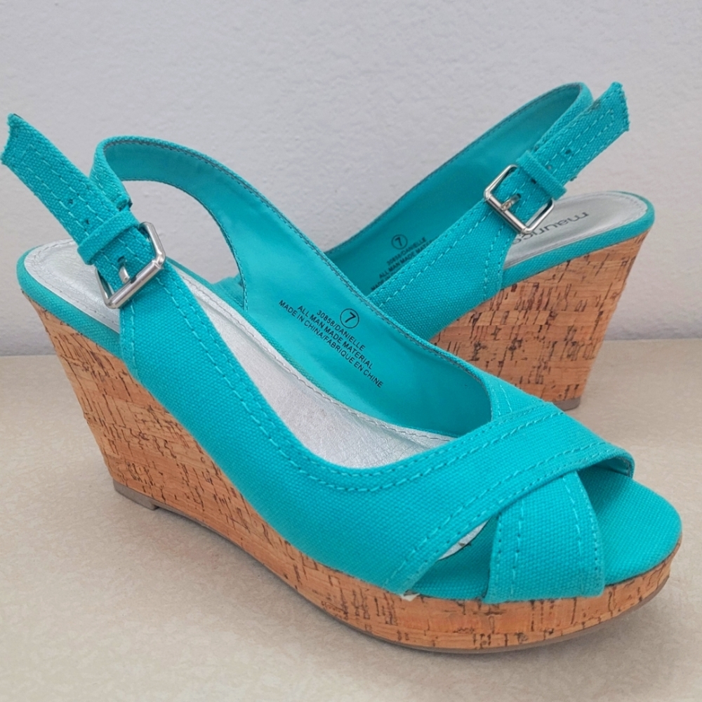 Maurices Aqua Teal Seafoam Peep Toe Espadrilles Cork 4" Wedge Heels Size 7